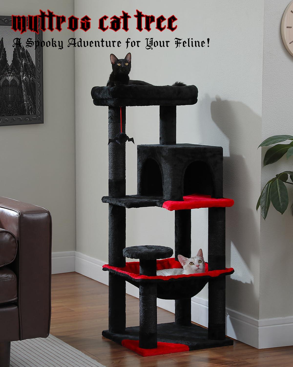 Gothic Cat Tree With Super Large Hammock, 45.7"  Cat Tower With Coffin Bed, Cat Condo, Sisal Scratching Posts & Top Perch, Multi-Level Goth Cat Tree, Halloween