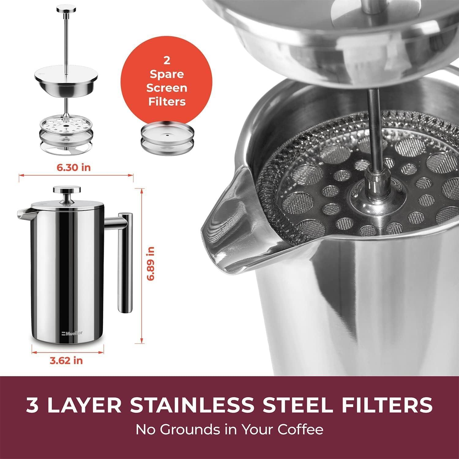 MuellerLiving French Press Coffee Maker, 20 oz, Stainless Steel, 4 Filters, Double Insulated, Rust-Free, Dishwasher Safe