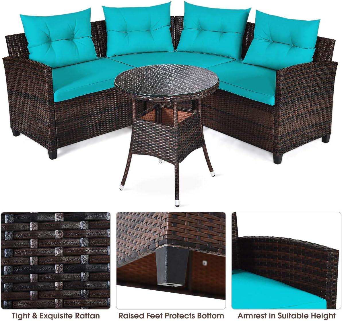 Costway 4PCS Outdoor Patio Rattan Furniture Set Cushioned Sofa Table Turquoise