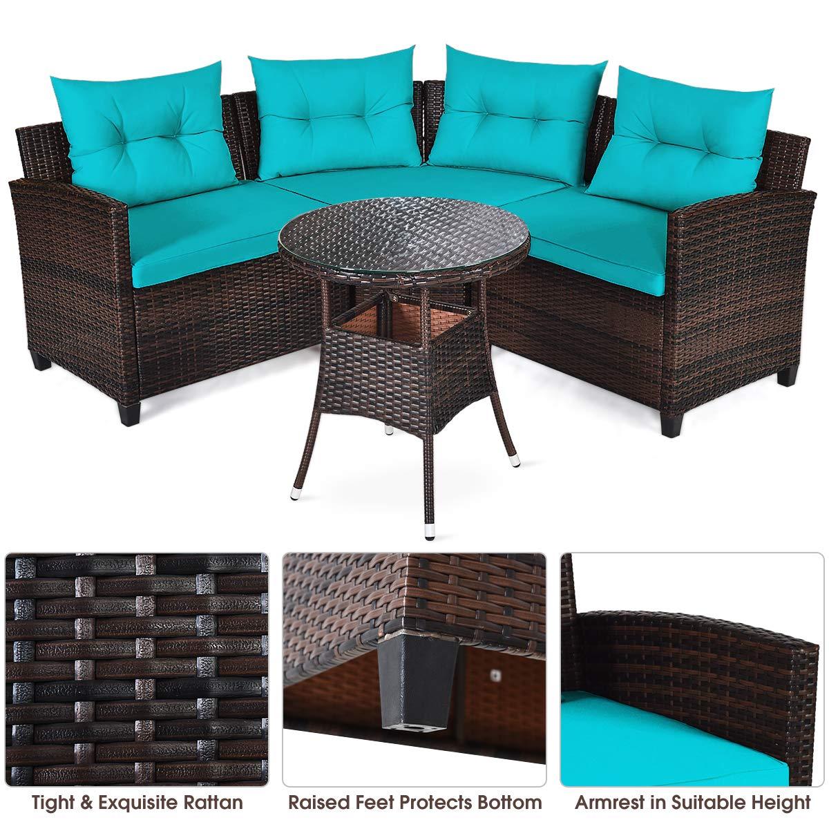 Costway 4PCS Outdoor Patio Rattan Furniture Set Cushioned Sofa Table Turquoise