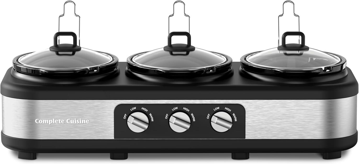 Complete Cuisine Stainless Steel Triple Slow Cooker, Buffet Food Server with Removable Ceramic Pots, Glass Lids for Kitchen, 2.5 Quart, Black/Silver