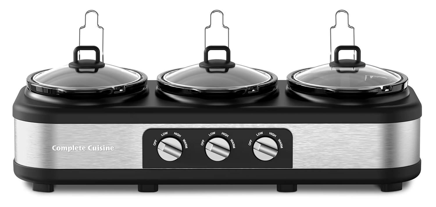 Complete Cuisine Stainless Steel Triple Slow Cooker, Buffet Food Server with Removable Ceramic Pots, Glass Lids for Kitchen, 2.5 Quart, Black/Silver