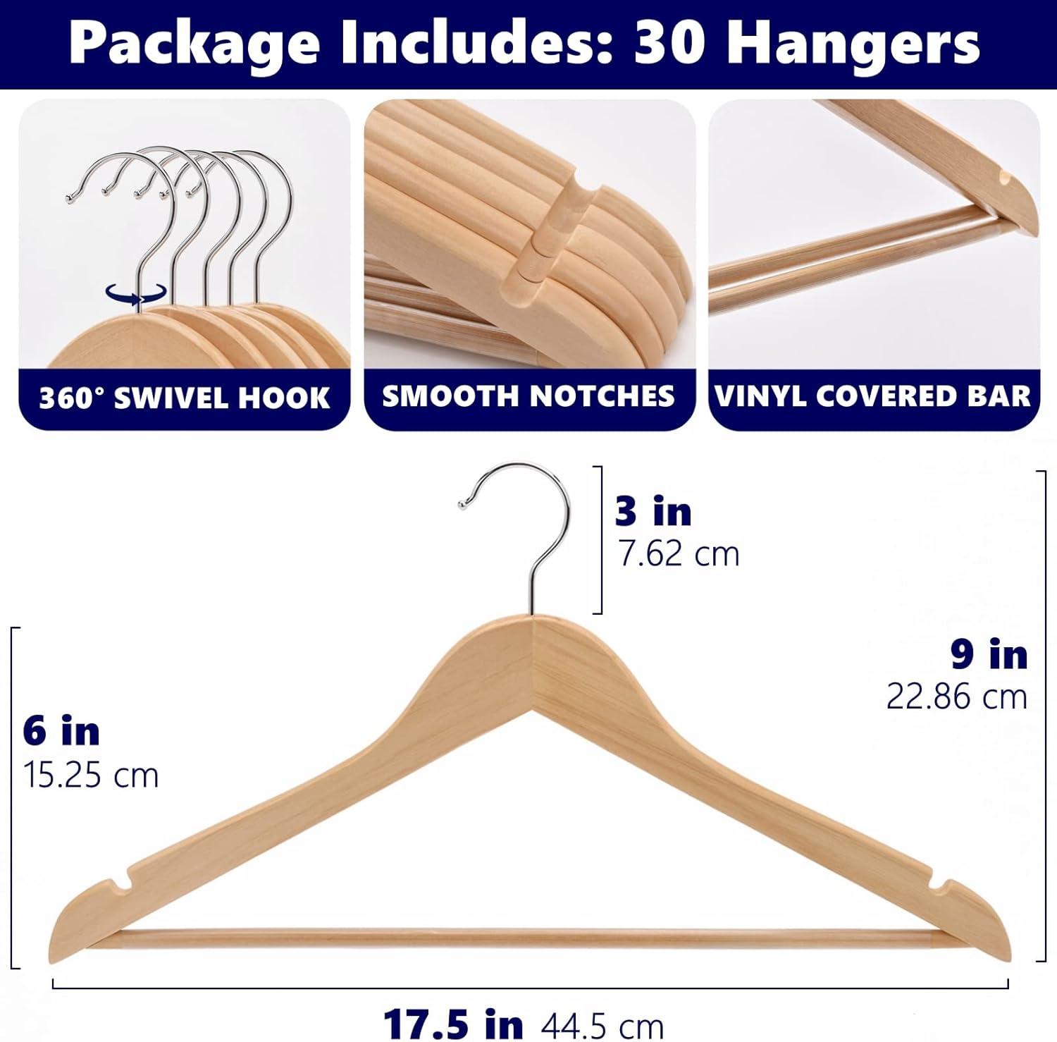 NEWKBO NEWKBO  Polished Wooden Coat Hangers - 30 Pack  Non Slip Pant Bar  Suitable for Shirts  Jackets  Dresses  and Pants - Natural Wood Finish