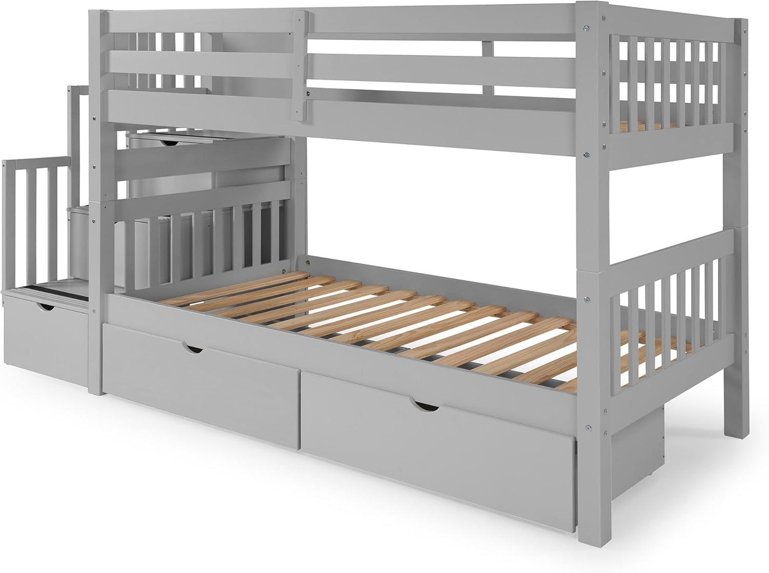 Bedz King Stairway Bunk Beds Twin over Twin with 3 Drawers in the Steps and 2 Under Bed Drawers, Dark Cherry