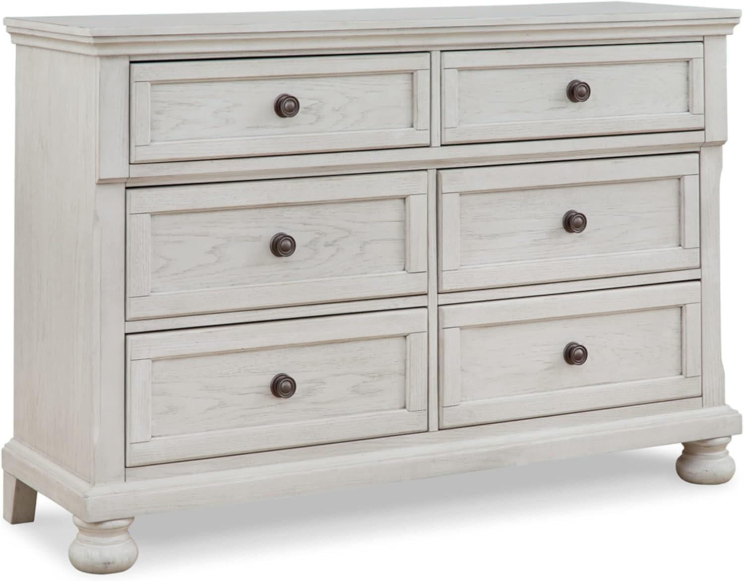 Elegant Antiqued White 52" Transitional Dresser with Bronze-Tone Knobs