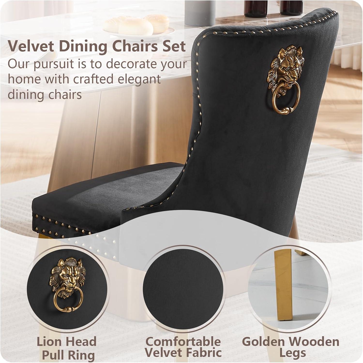 ODUSE-DAILY Black Velvet Dining Chairs Set of 4, Kitchen & Dining Room Chairs, Nailheads Tufted, Sillas De Comedor, Fabric Upholstered, Golden Metal Legs (Black, 4 Pcs)