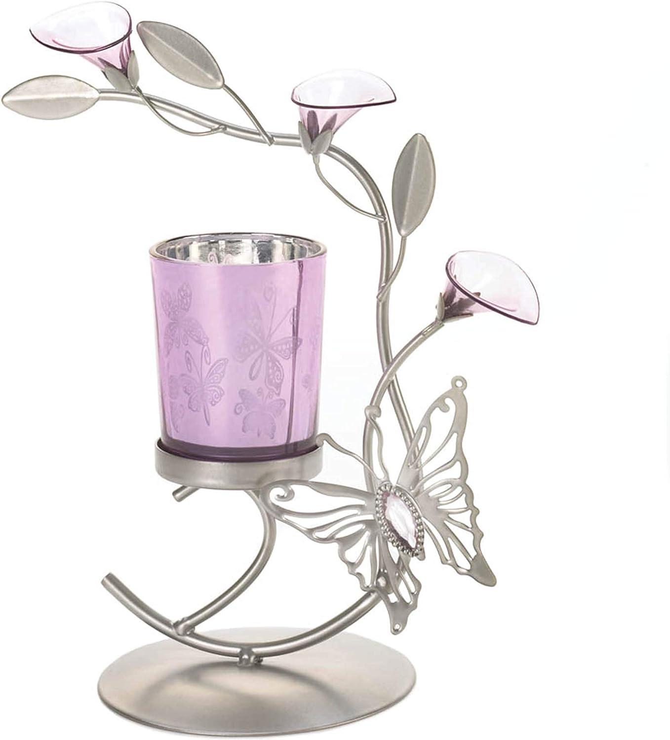 Pink Butterfly Glass Candle Holder with Silver Stand