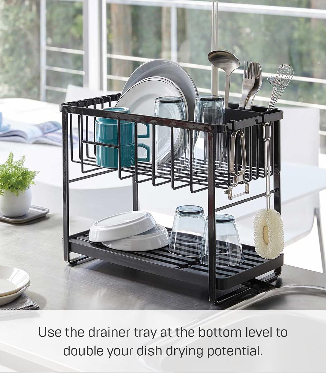 Tower Yamazaki Home Two-Tier Adjustable Dish Drainer Rack, Utensils Holder, Steel, Draining Spout