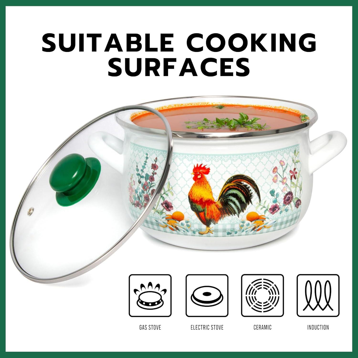 STP Goods Traditional Country Style Enamel Rooster Belly Deep Casserole With Glass Lid