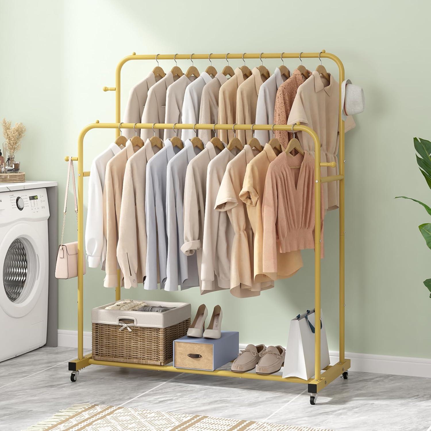 Laiensia Double Rods Garment Rack with Wheels, Clothing Rack for Hanging Clothes,4 Hooks, Multi-Functional Bedroom Clothes Rack, Gold