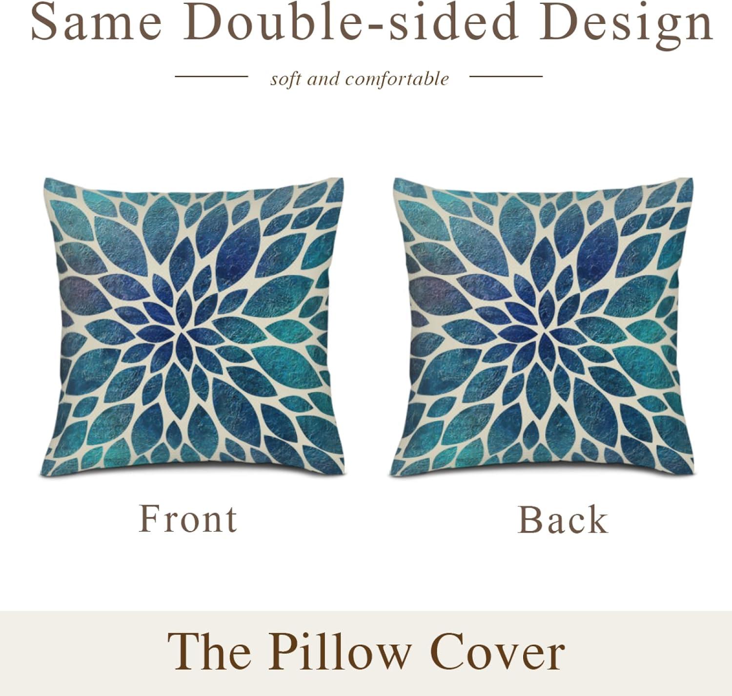 Navy Blue Teal Dahlia Floral Cotton Polyester Euro Pillow Covers