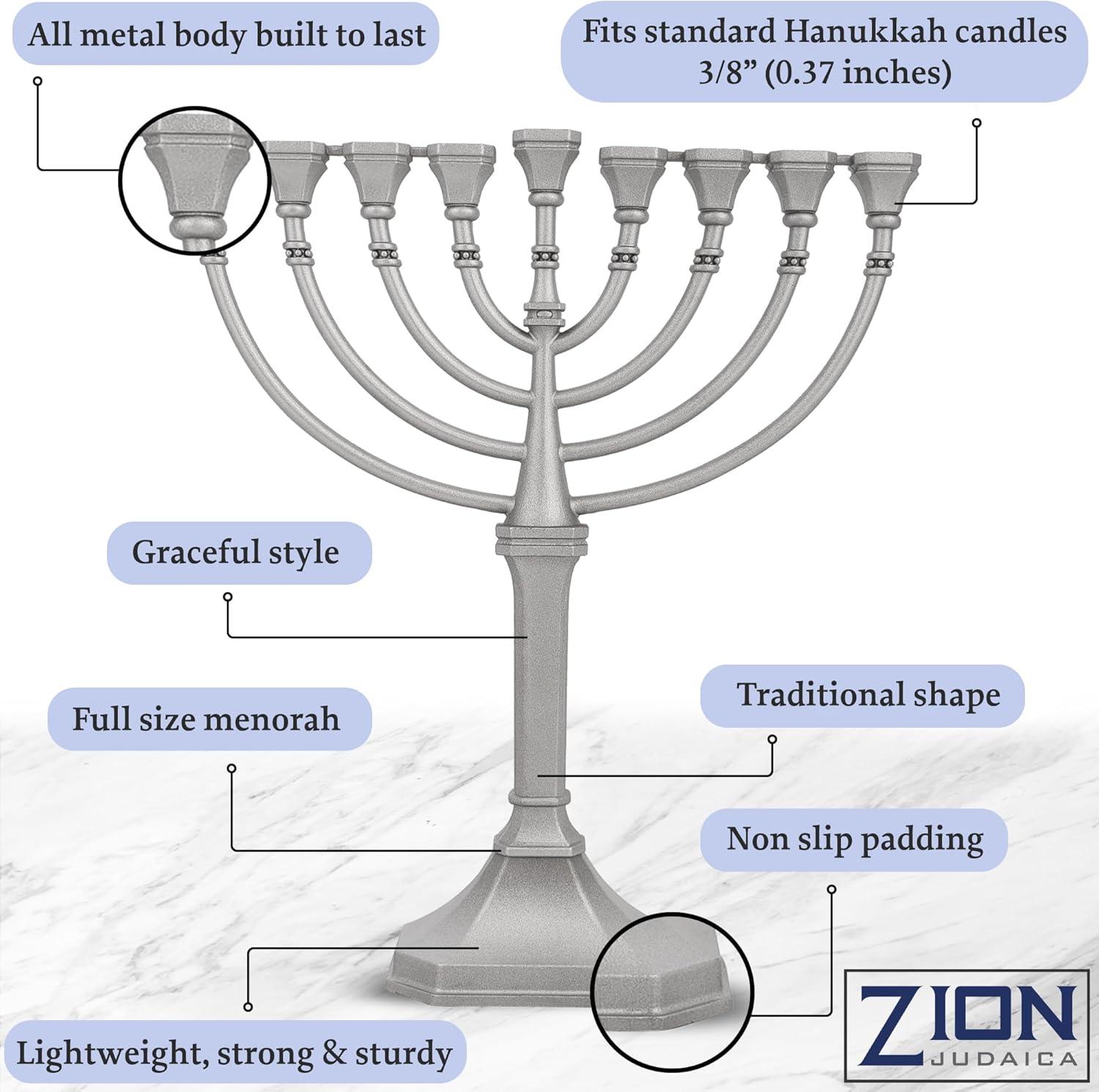 Traditional Classic Hanukkah Menorah - 9.5" Tall Graceful Style Candle Minorah Precision Die Cast Non Tarnish (Satin Silver) By Zion Judaica