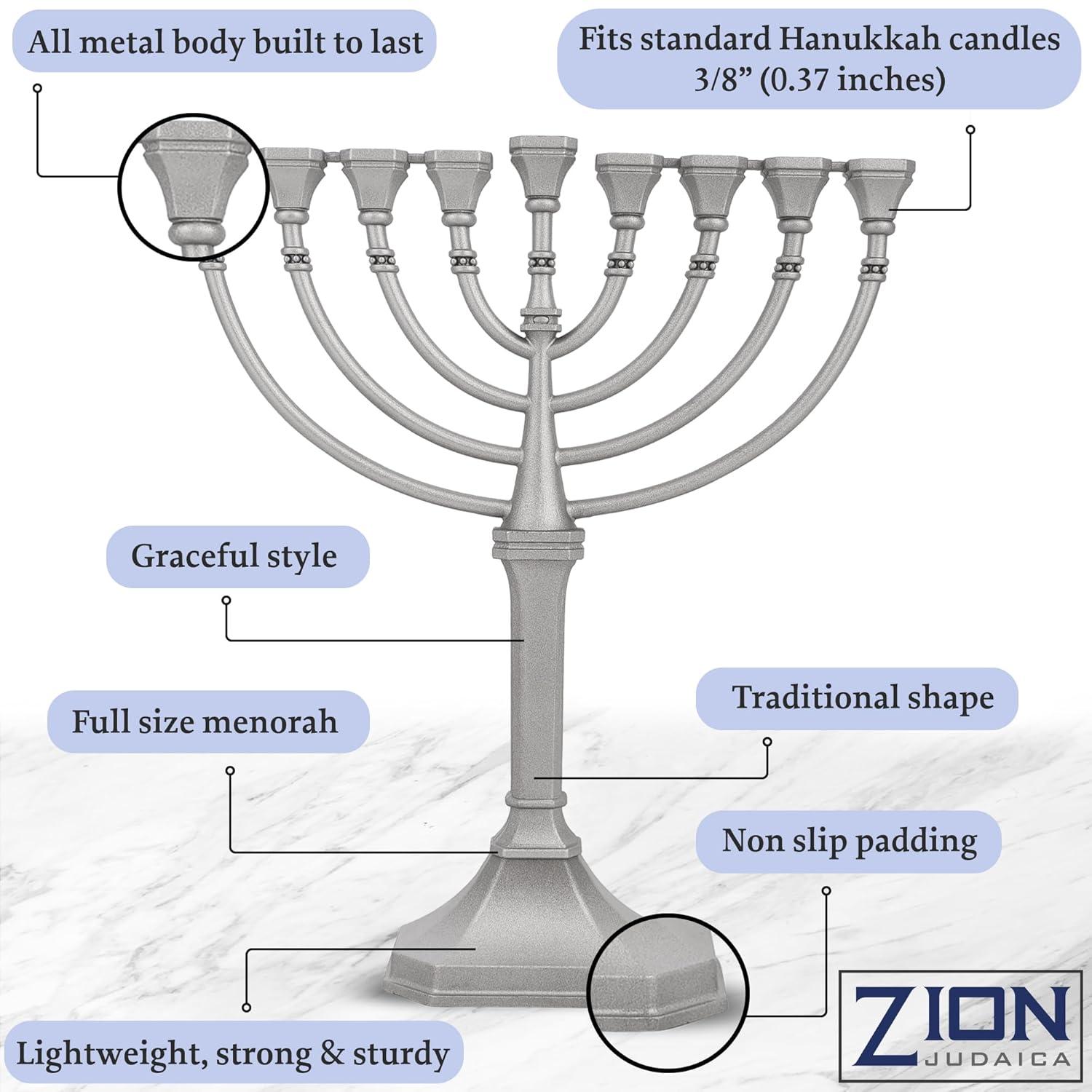 Traditional Classic Hanukkah Menorah - 9.5" Tall Graceful Style Candle Minorah Precision Die Cast Non Tarnish (Satin Silver) By Zion Judaica
