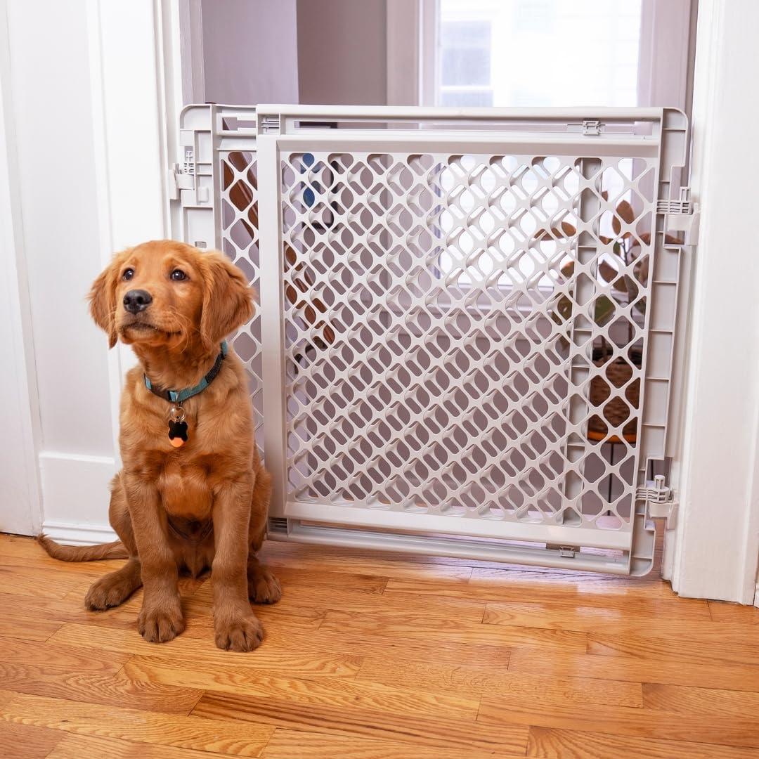 Light Gray Plastic and Metal Swinging Pet Gate for Stairs and Doorways
