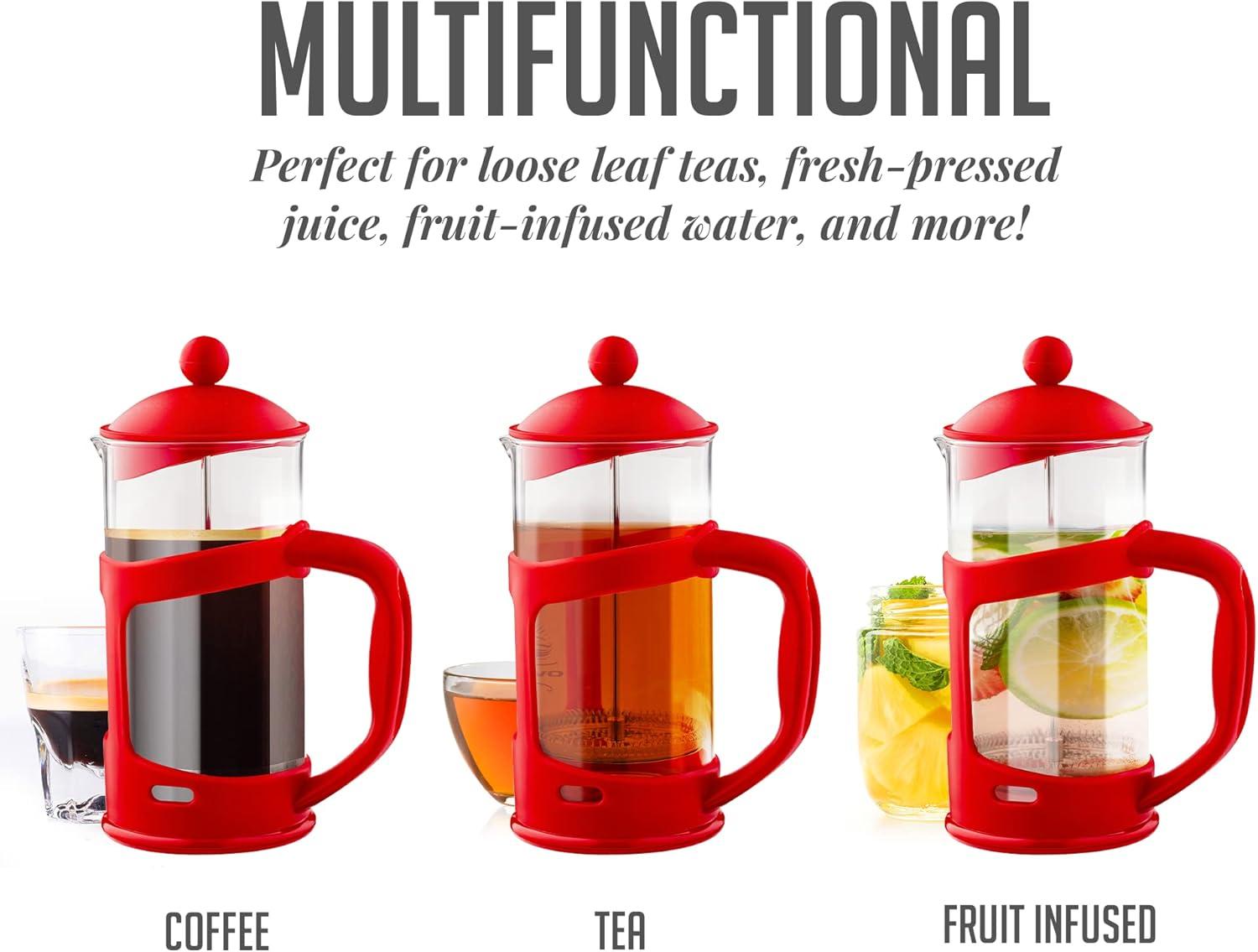 Ovente FPT34R OVENTE French Press Coffee Maker, Heat Resistant Borosilicate Glass with 4 Filter Stainless-Steel System, BPA-Free Portable Pitcher Perfect for Hot & Cold Brew