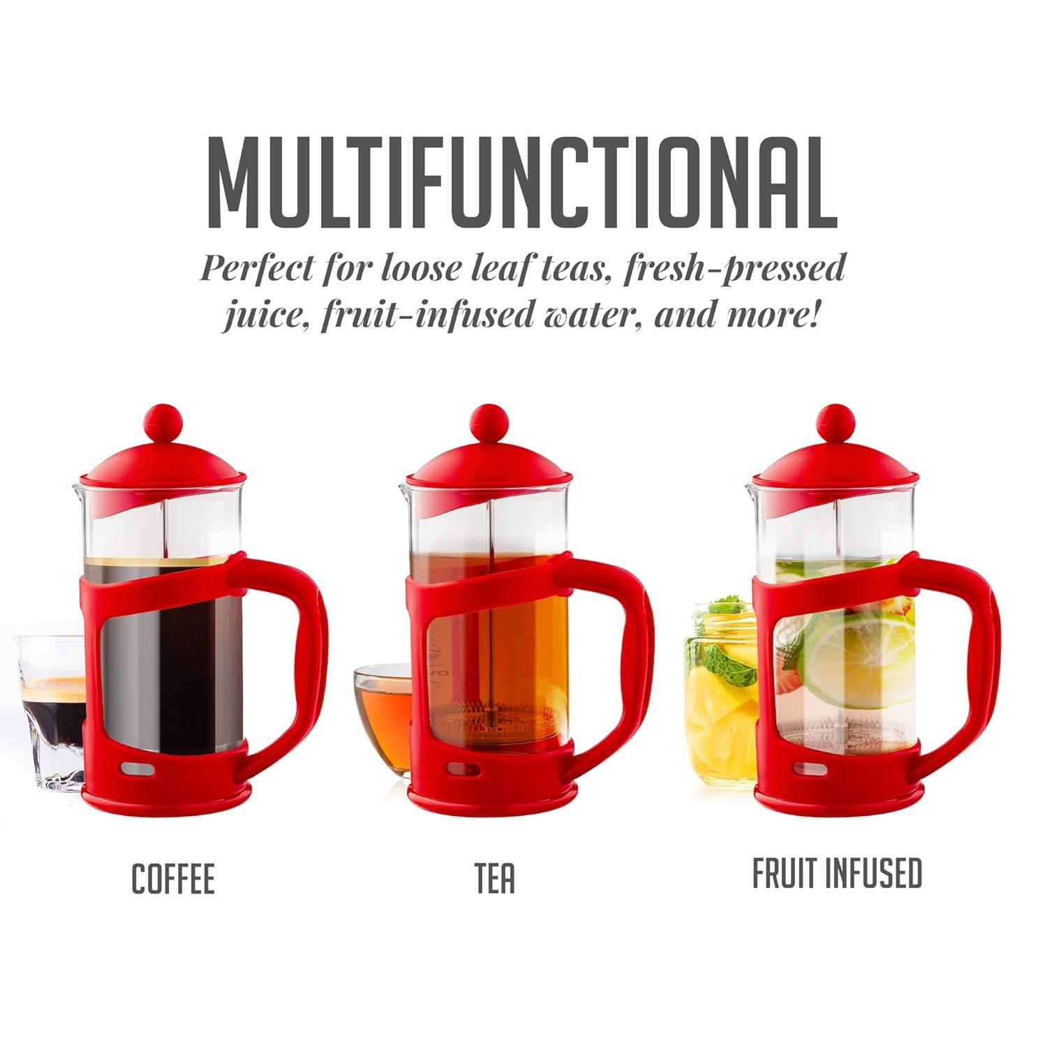 Ovente FPT34R OVENTE French Press Coffee Maker, Heat Resistant Borosilicate Glass with 4 Filter Stainless-Steel System, BPA-Free Portable Pitcher Perfect for Hot & Cold Brew