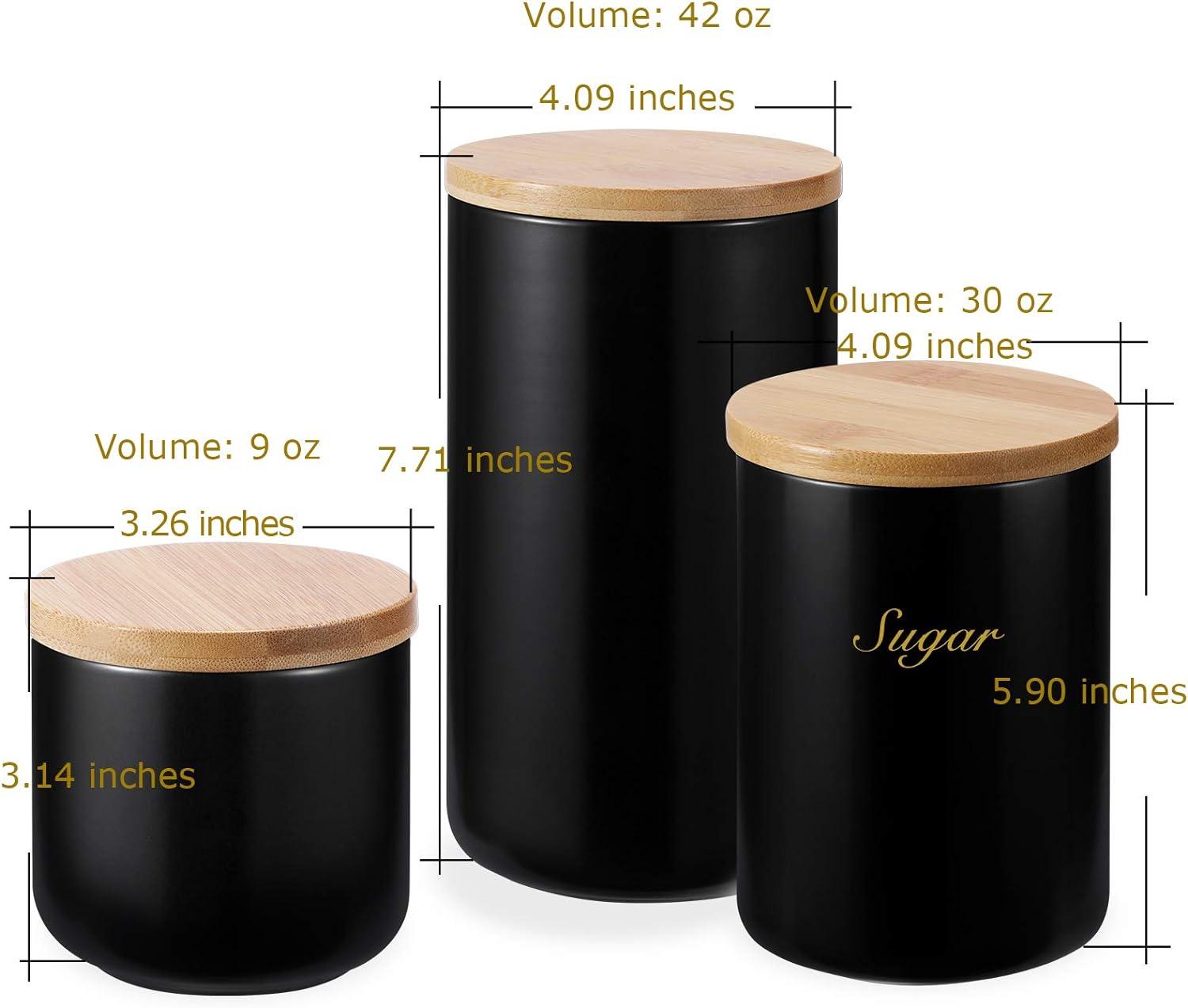 Black Ceramic Kitchen Canister Set with Bamboo Lids and Spoons