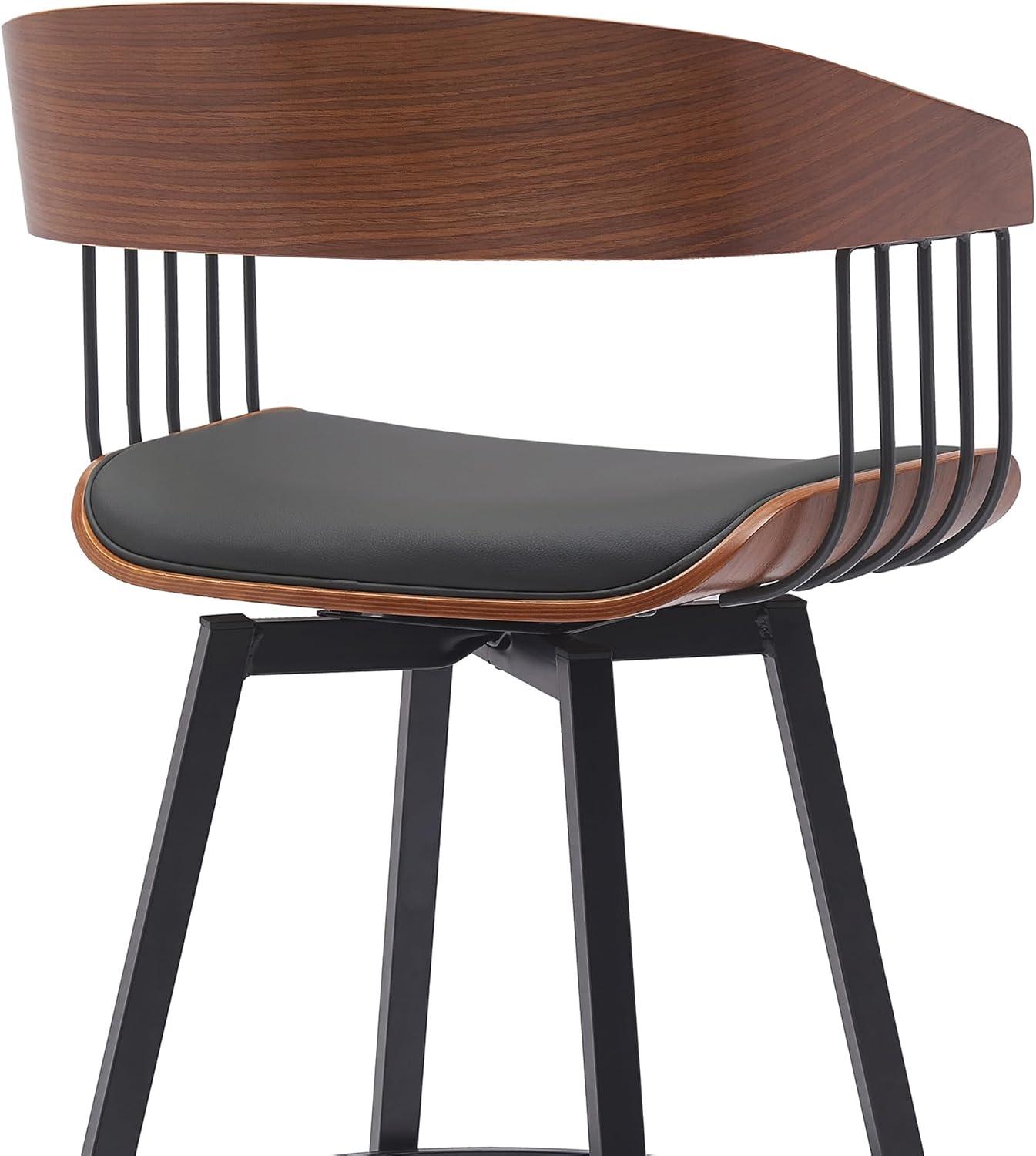 Armen Living Indoor Athena 31" Swivel Walnut Wood Bar Stool in Black Faux Leather with Black Metal
