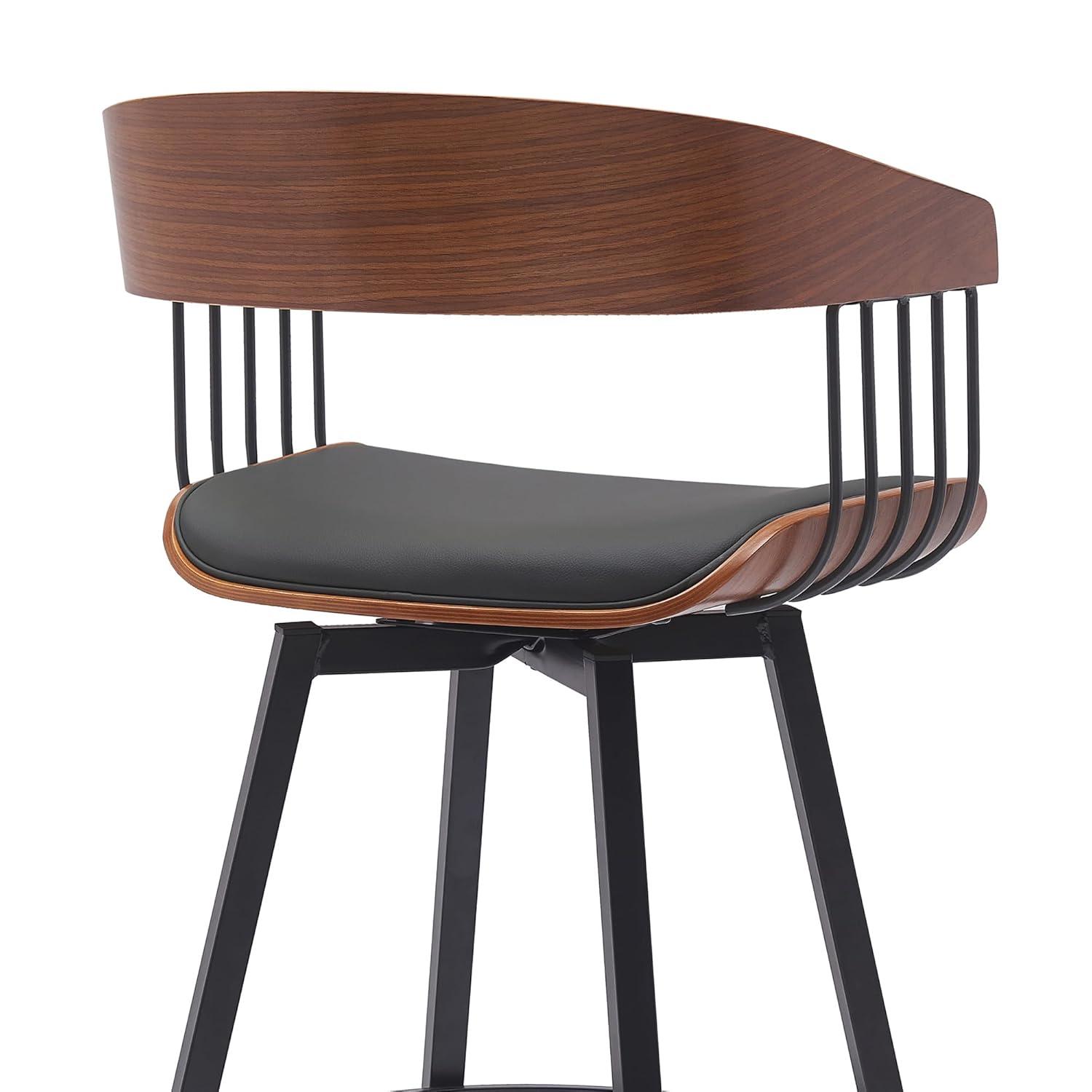 Armen Living Indoor Athena 31" Swivel Walnut Wood Bar Stool in Black Faux Leather with Black Metal