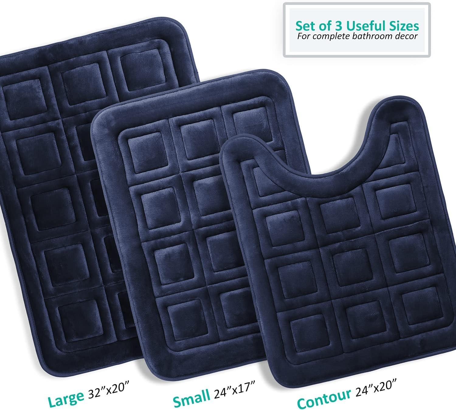 Navy Blue Velvet Memory Foam 3-Piece Bath Rug Set