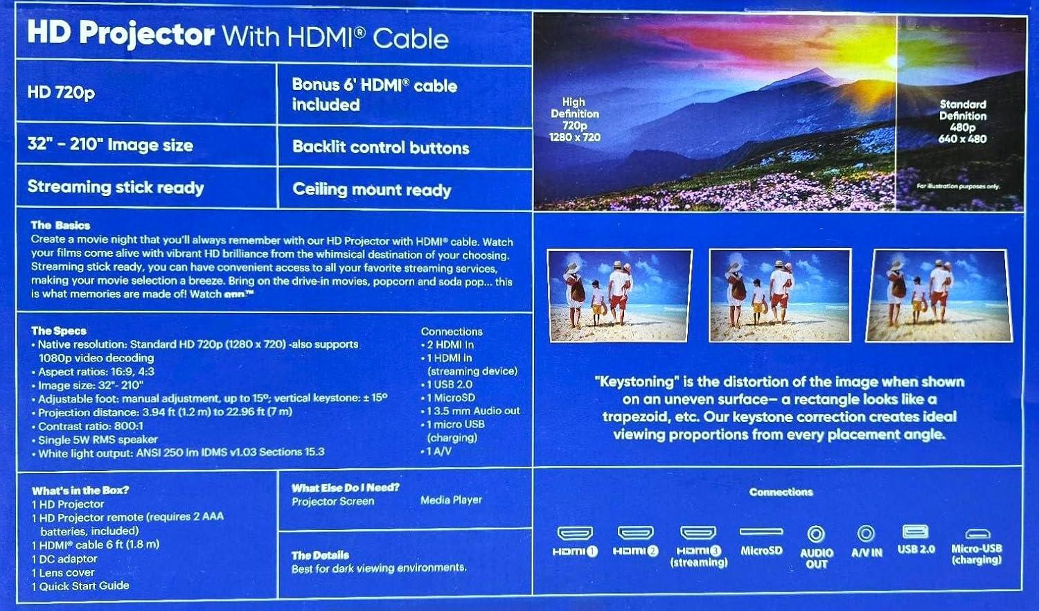 Restored ONN 720P HD Home Theater Projector with 6' HDMI Cable, Black, HDMI/USB/MicroSD/AV - Indoor & outdoor use 100096801 (Refurbished)