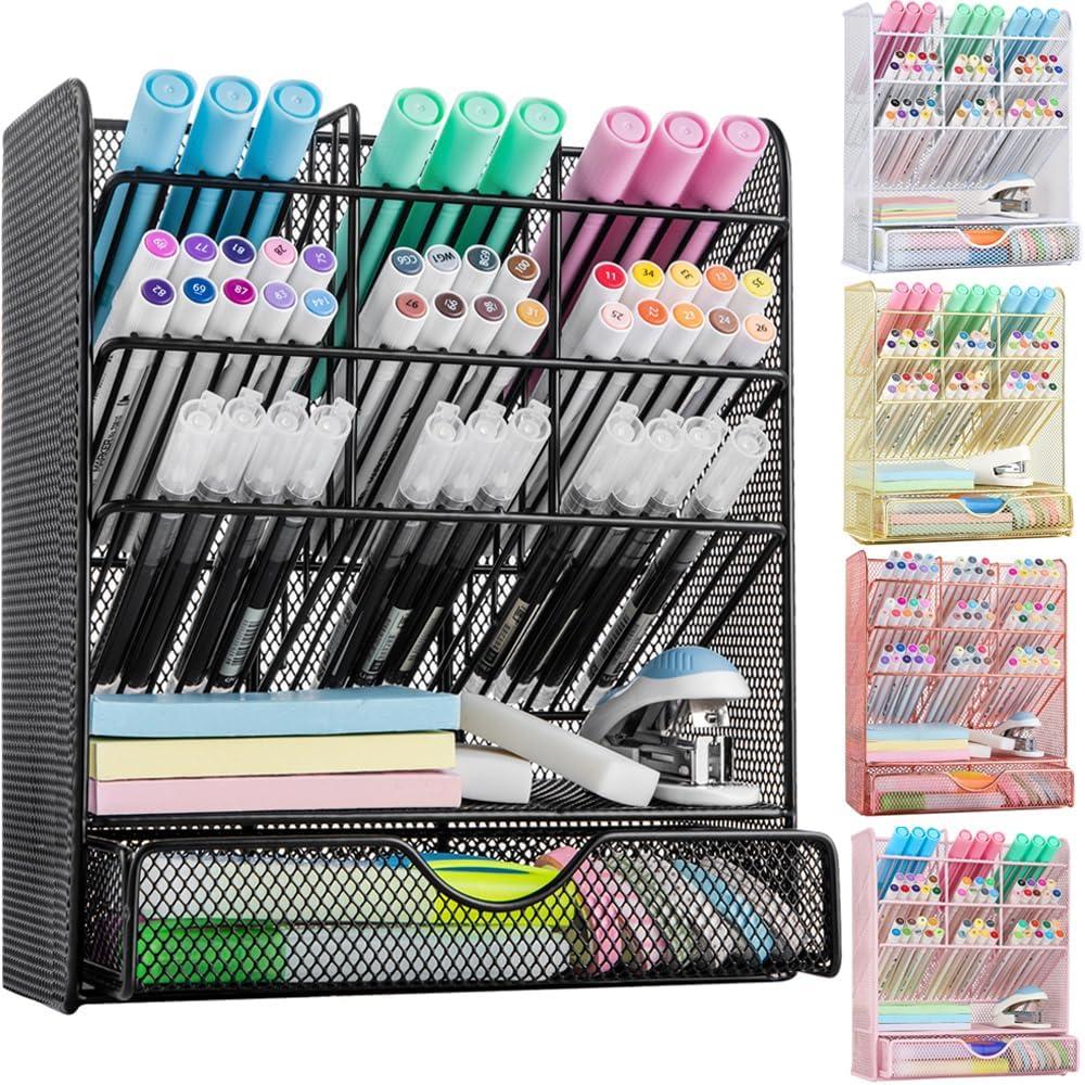 Metal Pen Organizer, Pencil Holder for Desk, Desk Organizer with Drawer for School, Home, Art Supplies (Black)