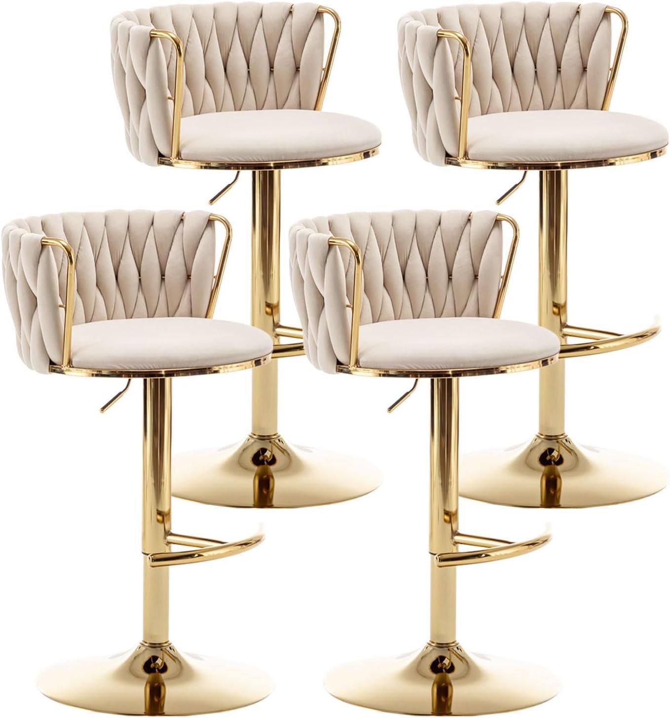 Gold Velvet Bar Stools Set of 4, Counter Height Bar Chairs with Low Back, Swivel Bar Stool for Kitchen Island, Bar Pub (Beige)