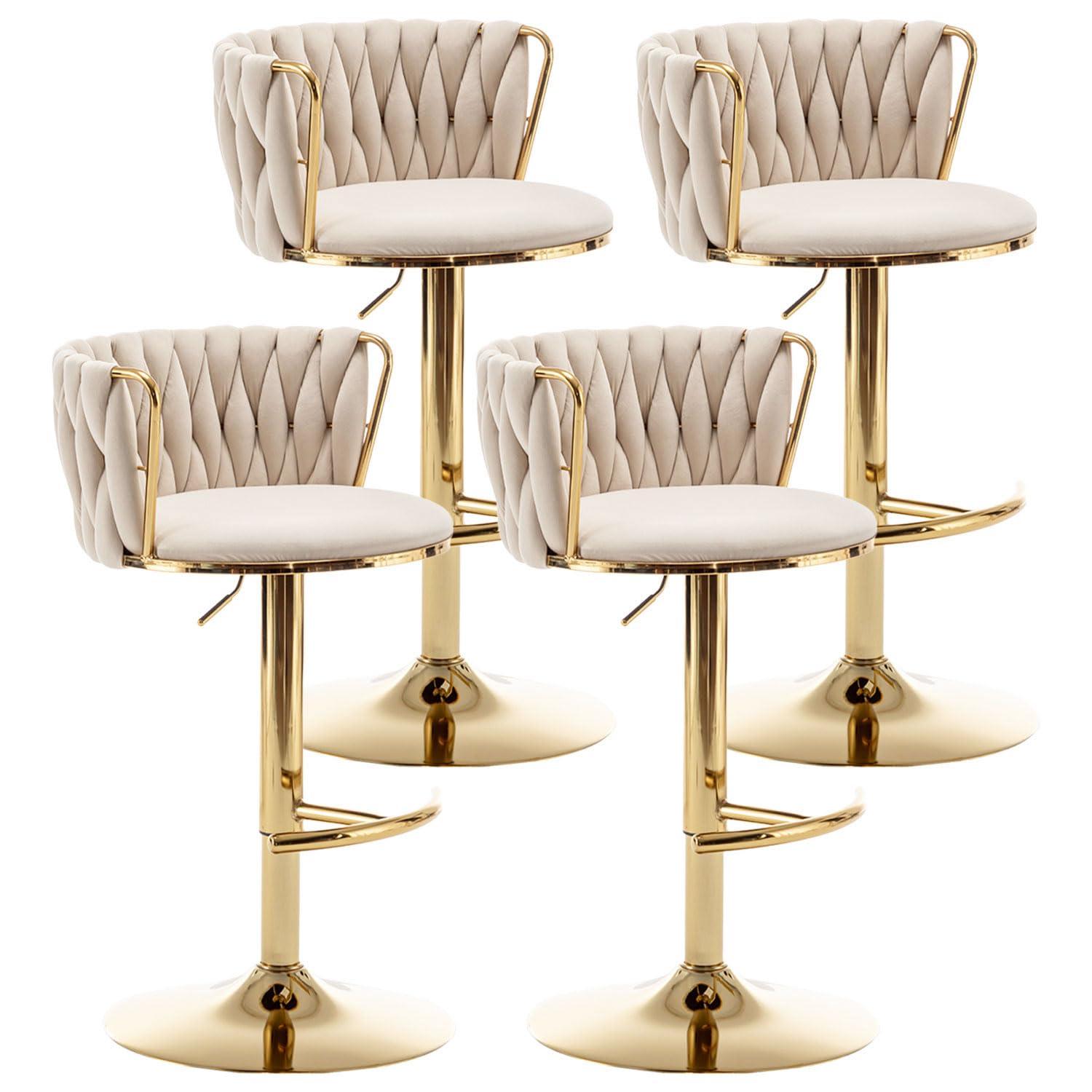 Gold Velvet Bar Stools Set of 4, Counter Height Bar Chairs with Low Back, Swivel Bar Stool for Kitchen Island, Bar Pub (Beige)