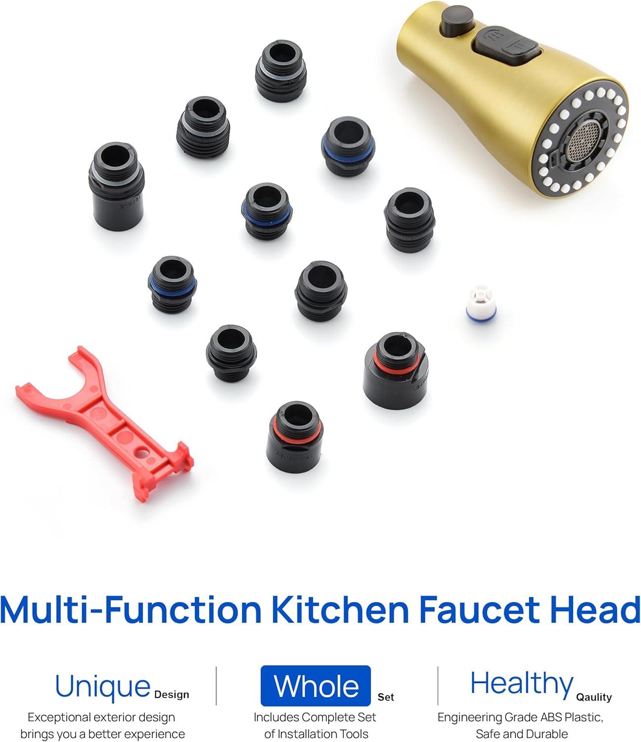 Kitchen Faucet Sprayer Head Replacement - Pull Down Faucet Spray Head with 11 Adapters, Pull Out Faucet Sprayer Nozzle, 3 Function Kitchen Tap Spray Spout Part Connector, Brushed Gold