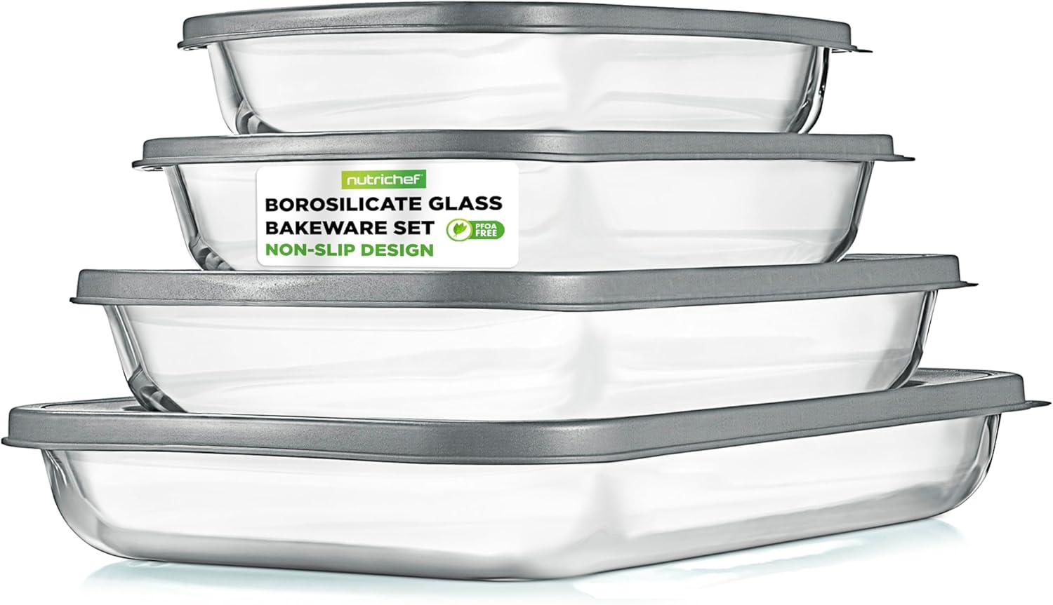 NutriChef 4-Piece Rectangular Glass Bakeware Set with Lids