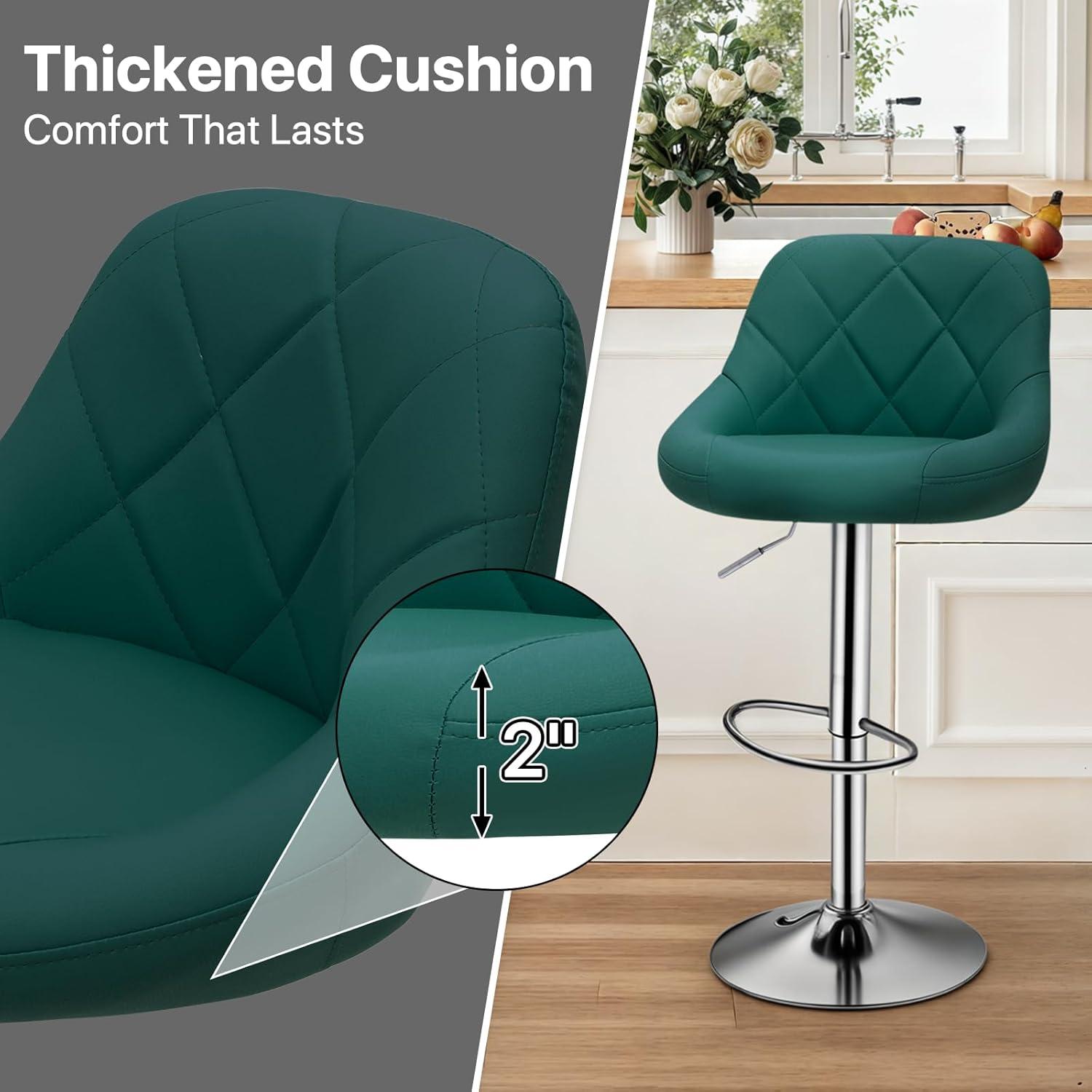 Bar Stools Set of 2, Adjustable Counter Height Swivel Barstools, Modern Dining Chairs Bar Pub High Stool with Back for Kitchen Island, Teal Green