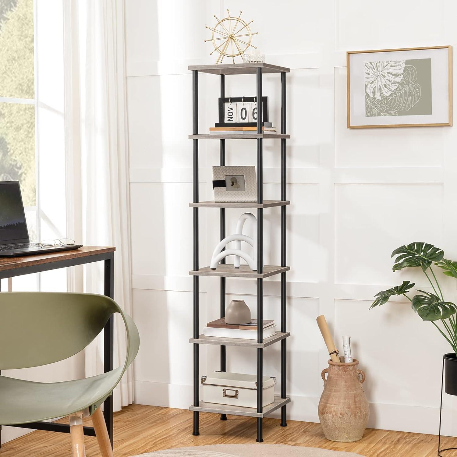 Greige and Black 6-Tier Corner Bookcase for Small Spaces