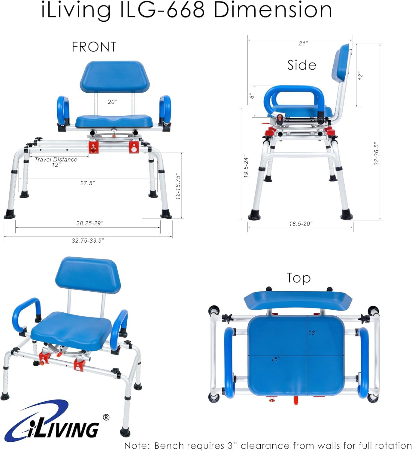 iLIVING ILG-668 Tub Transfer Bench Shower Chair for Inside Shower with Easy Access Swivel Padded Seat and Pivoting Arms, and Adjustable Height for Handicap and Seniors, Blue