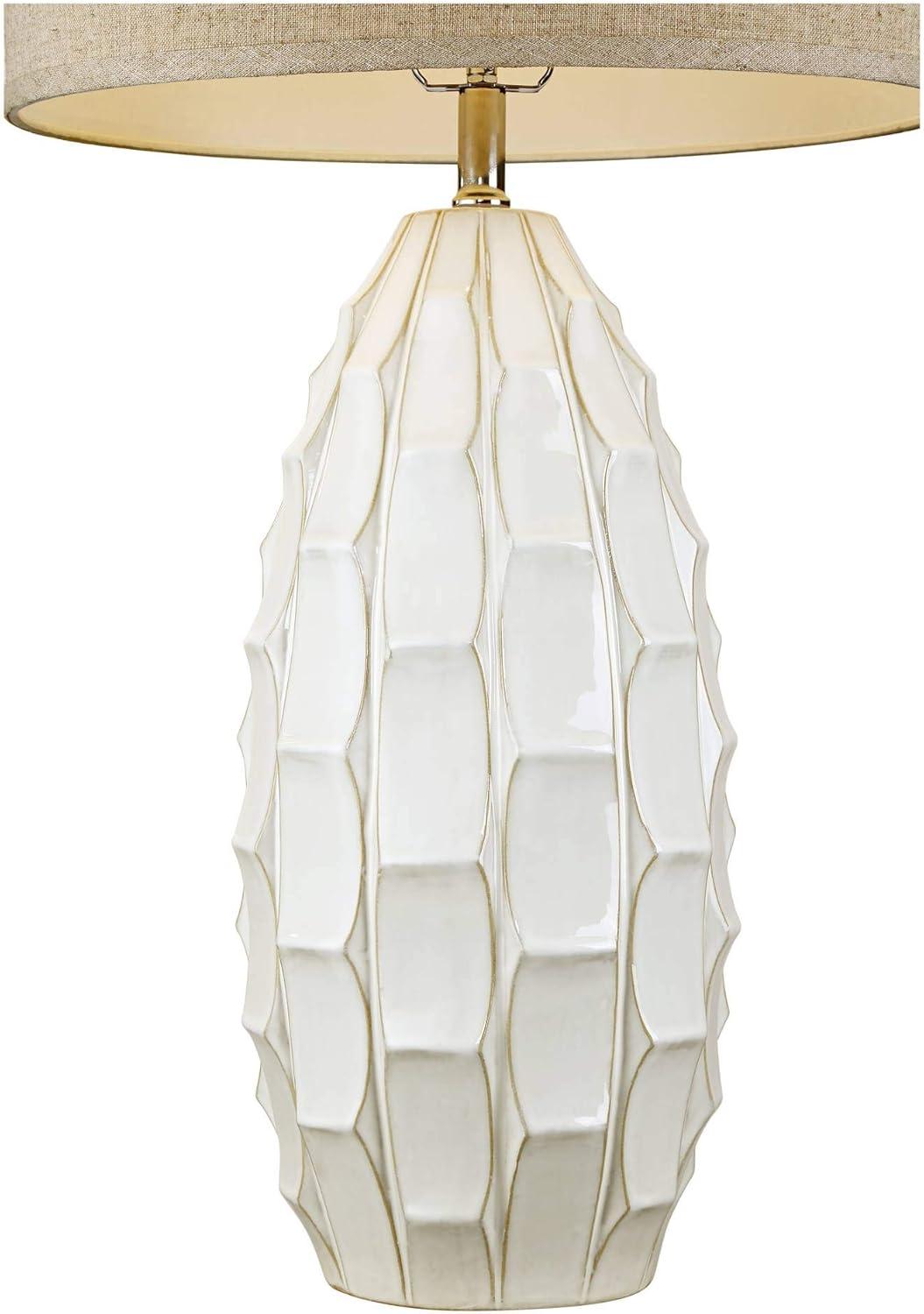 Possini Euro Design Cosgrove Modern Mid Century Table Lamp 32 3/4" Tall White Glazed Ceramic Beige Fabric Drum Shade for Bedroom Living Room Bedside