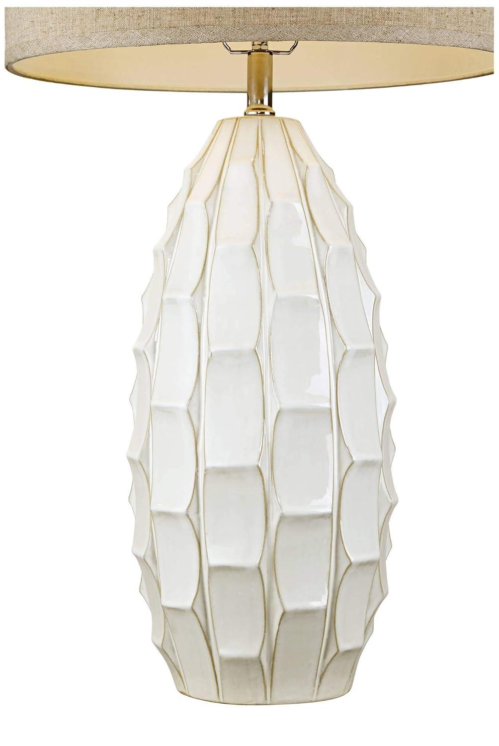 Possini Euro Design Cosgrove Modern Mid Century Table Lamp 32 3/4" Tall White Glazed Ceramic Beige Fabric Drum Shade for Bedroom Living Room Bedside