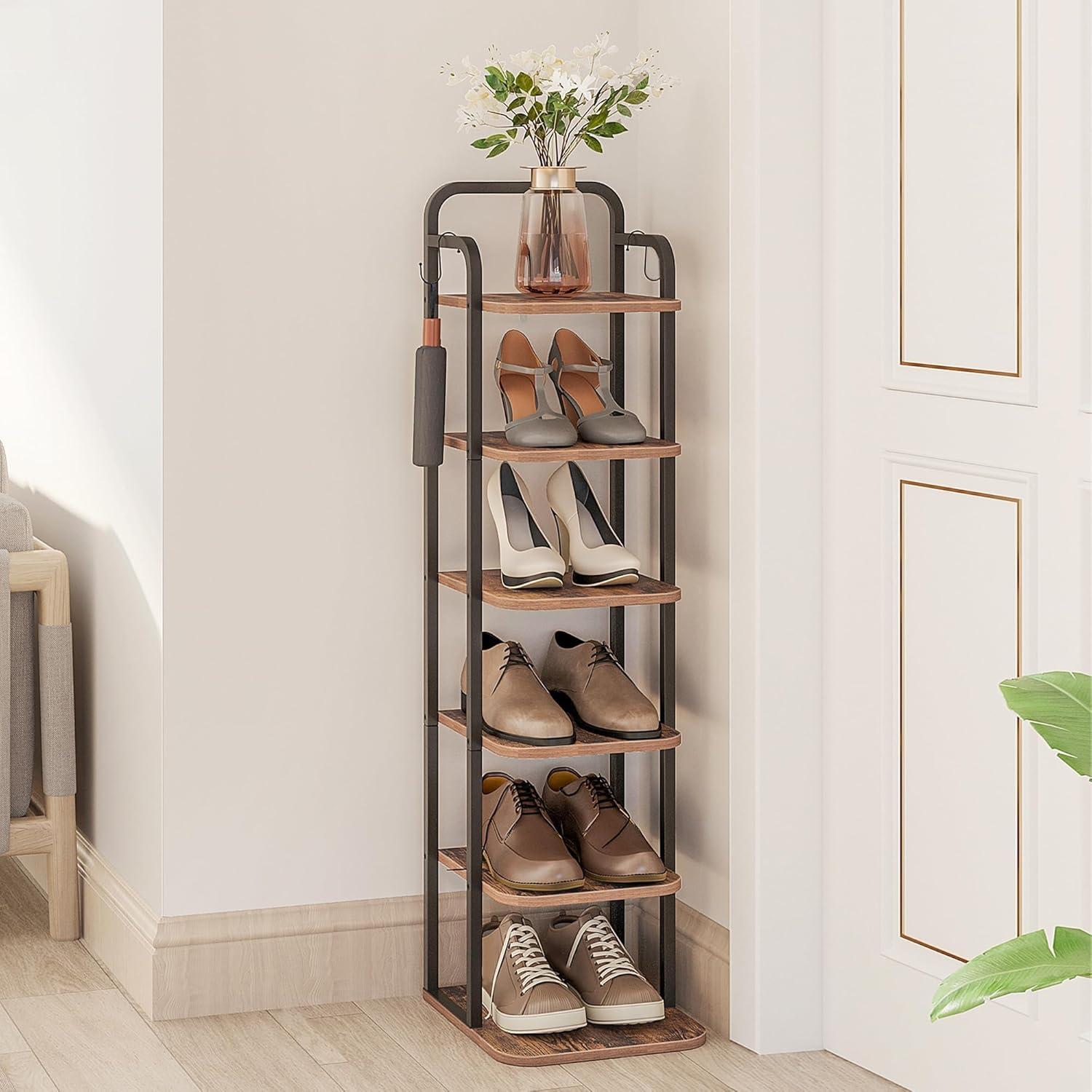 Vertical Shoe Rack, Shoe Shelves, Wood Shoe Organizer For Closet, Entryway, Shoe Tower For Small Spaces, Free Standing, Adjustable, With 2 Hooks, 6 Tier Rustic Brown