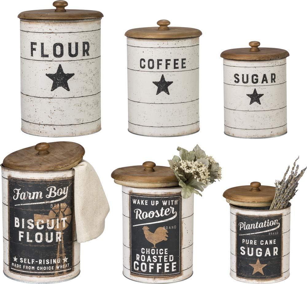 Rustic Farmhouse White and Brown Metal Canister Set