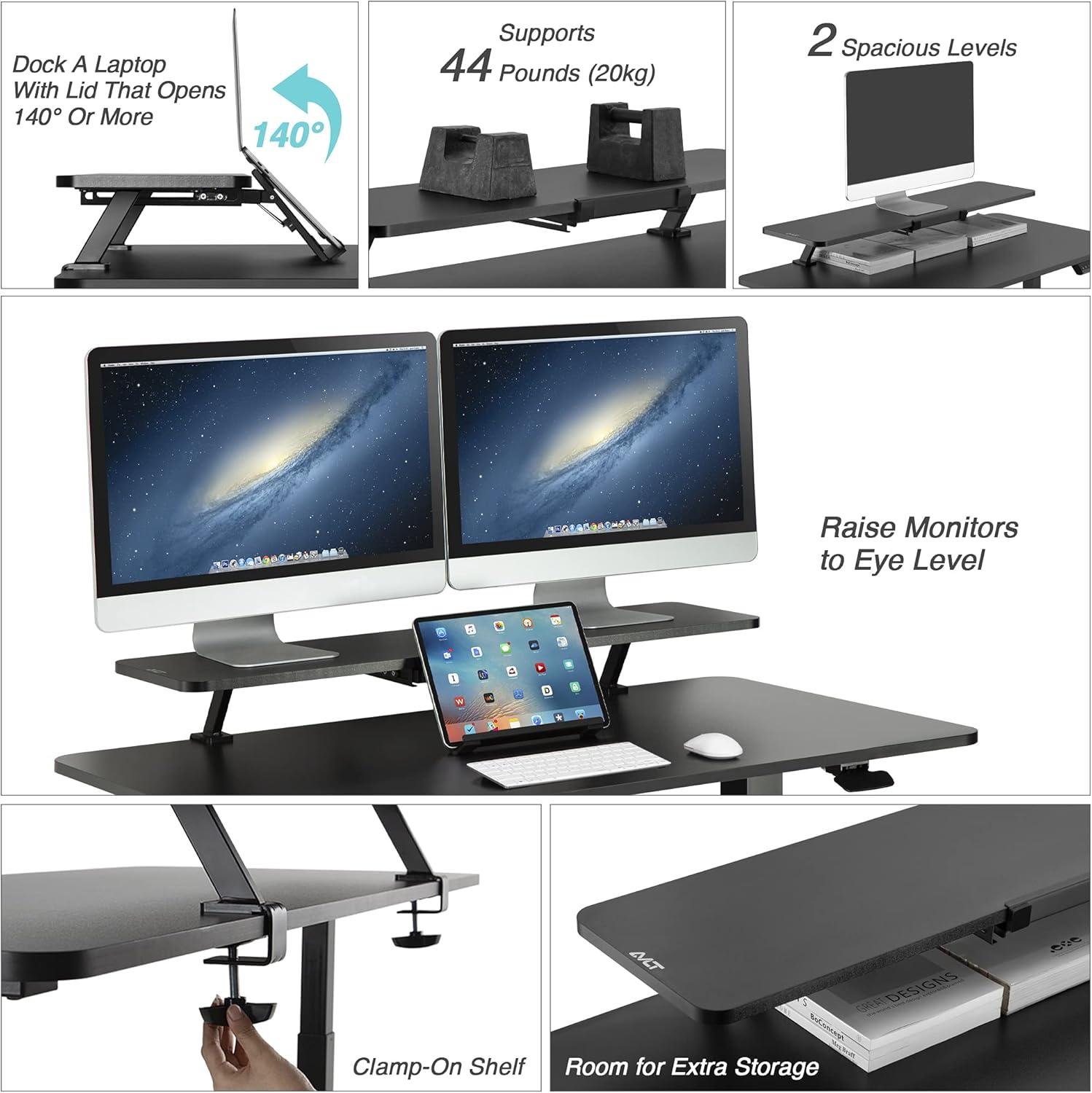 Black Dual Monitor Clamp-On Desk Shelf with Slide-Out Holder