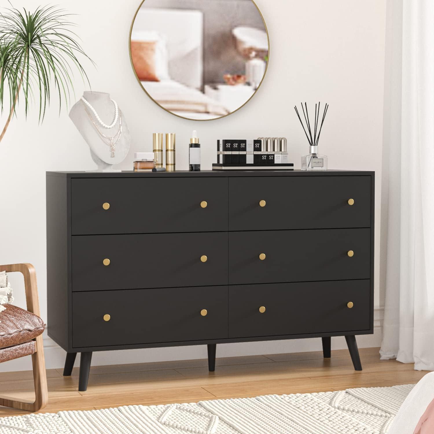 Black Dresser for Bedroom, 6 Drawer Dresser with Golden Handles, Large Storage Cabinet, Modern Chest of Drawers Organizer Storage for Hallyway, Entryway