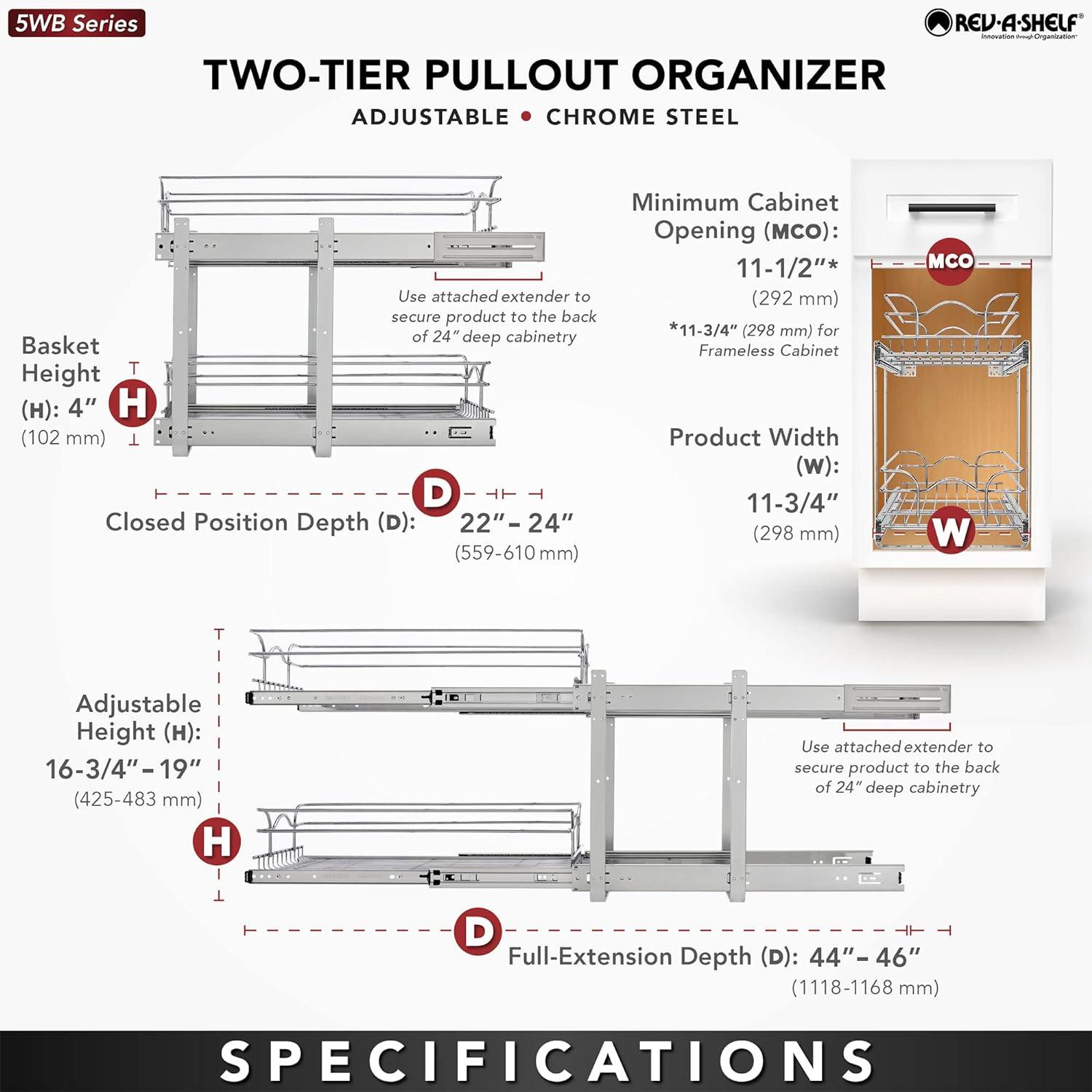 Rev-A-Shelf 5WB2 2-Tier Wire Basket Pull Out Shelf Storage for Kitchen Base Cabinet Organization, Chrome