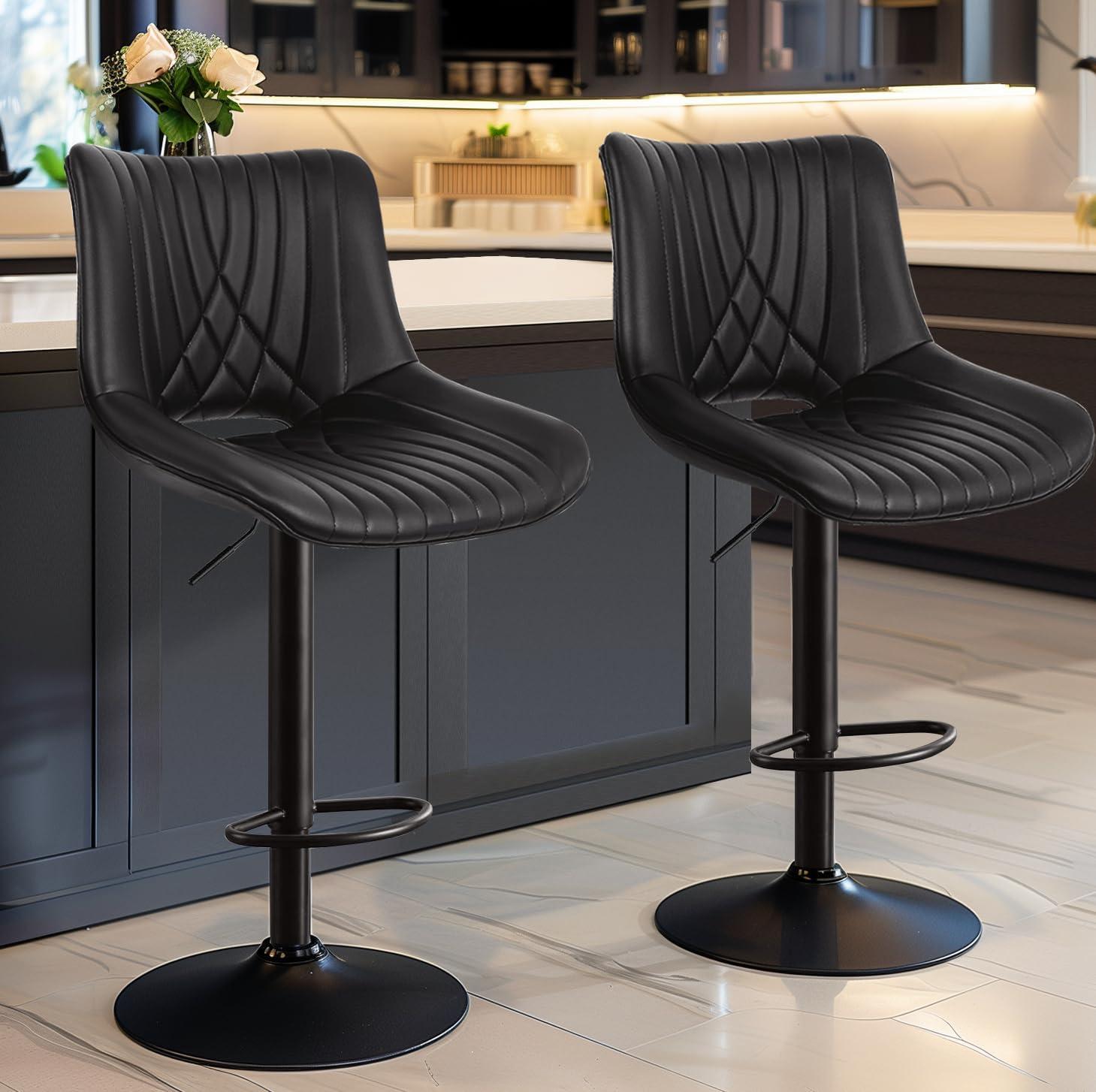 YOUNIKE Swivel Bar Stools Set of 2 Adjustable Leather Counter Barstool, Black