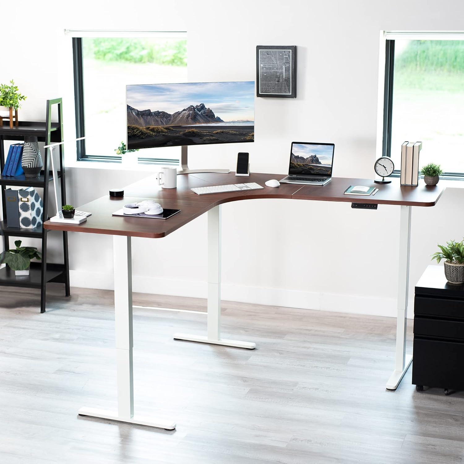 VIVO Dark Walnut / White Electric 71" x 71" Curved Corner Stand Up Desk