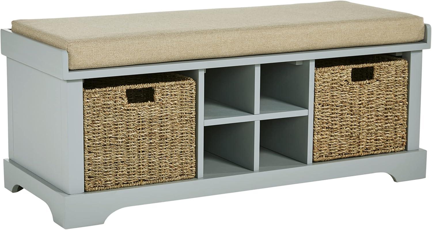 Beige and Gray Transitional Storage Bench with Wicker Baskets