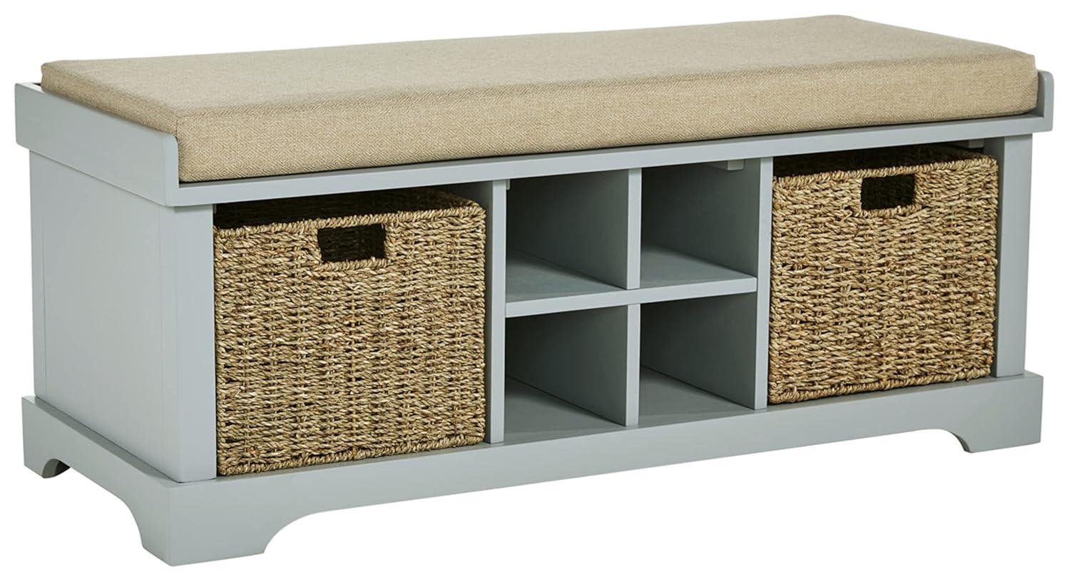 Beige and Gray Transitional Storage Bench with Wicker Baskets