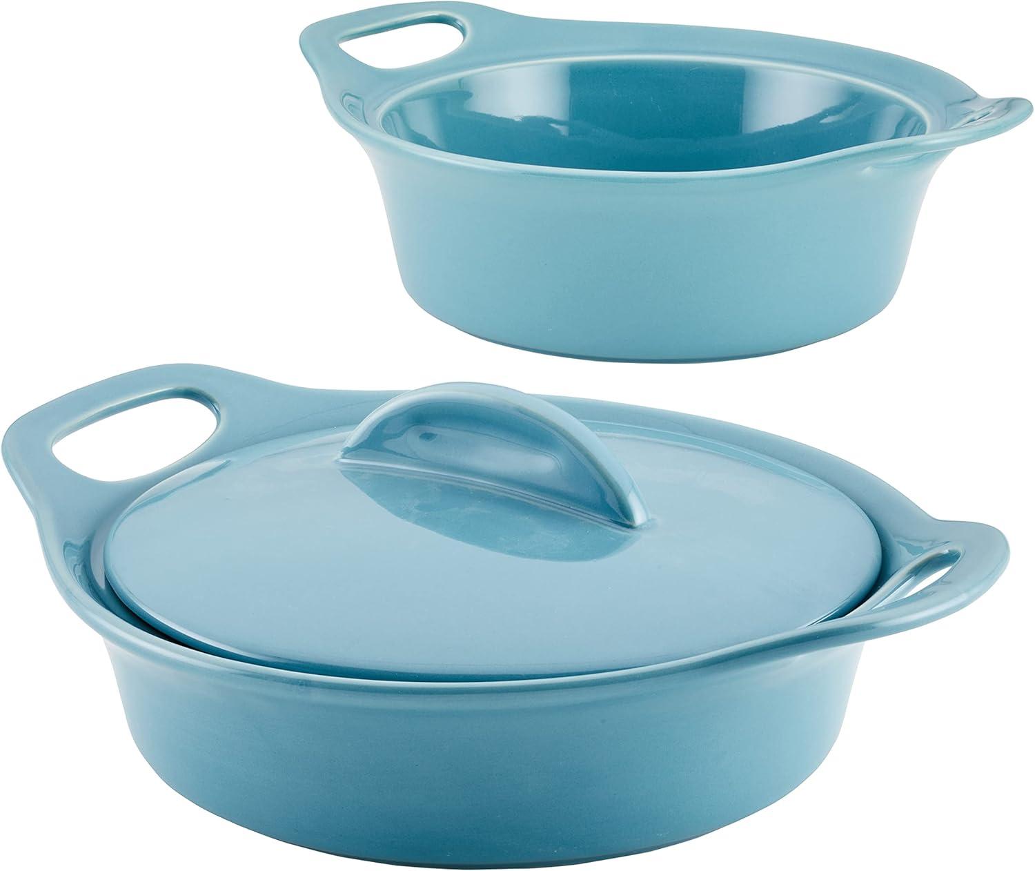 Rachael Ray Solid Glaze Ceramic 3pk Round Casserole Set with Shared Lid Agave Blue: Bakeware with Lid, Even-Heating