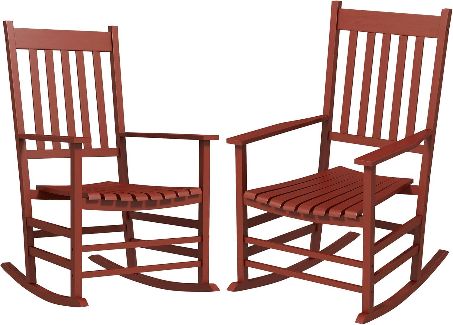 Outsunny Outdoor Rocking Chair Set of 2, Patio Rocking Chair with Smooth Curves, High Density Wooden Rockers for Lawn Garden Porch, Supports Up to 350lbs, Wine Red
