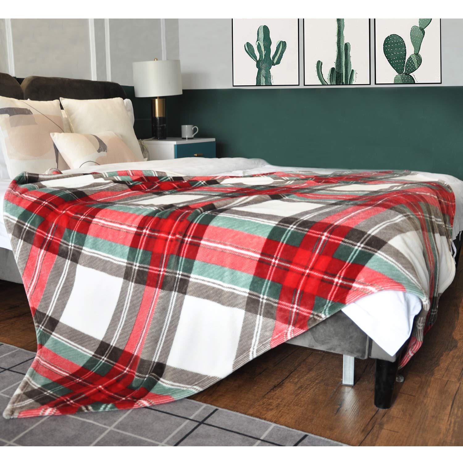 Ultra Soft Throw Blanket with Plaid, Cozy Flannel Fleece Luxury Blanket for Bed, Sofa and Couch (50 x 60 inch, Red)