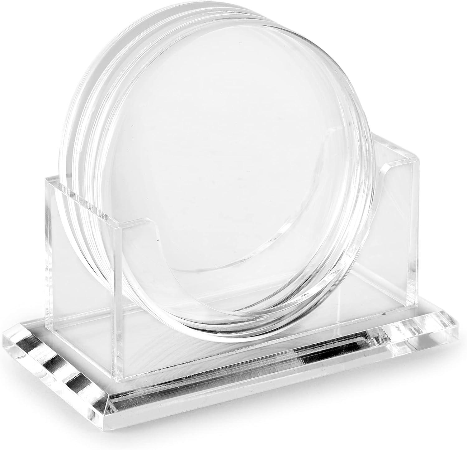 Juvale Set of 4 Clear Blank Acrylic Drink Coasters with Stand Holder, Round 4 inch