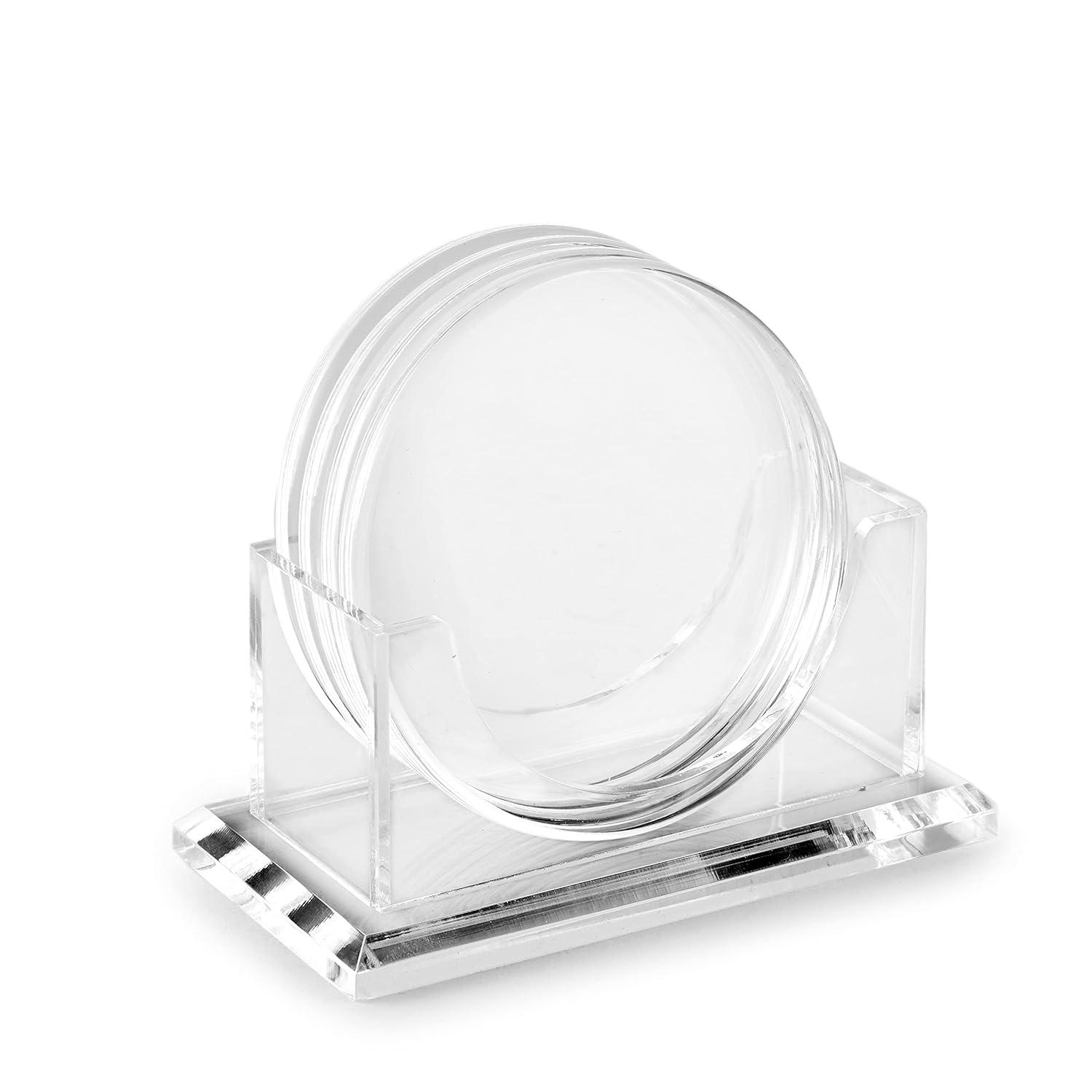 Juvale Set of 4 Clear Blank Acrylic Drink Coasters with Stand Holder, Round 4 inch
