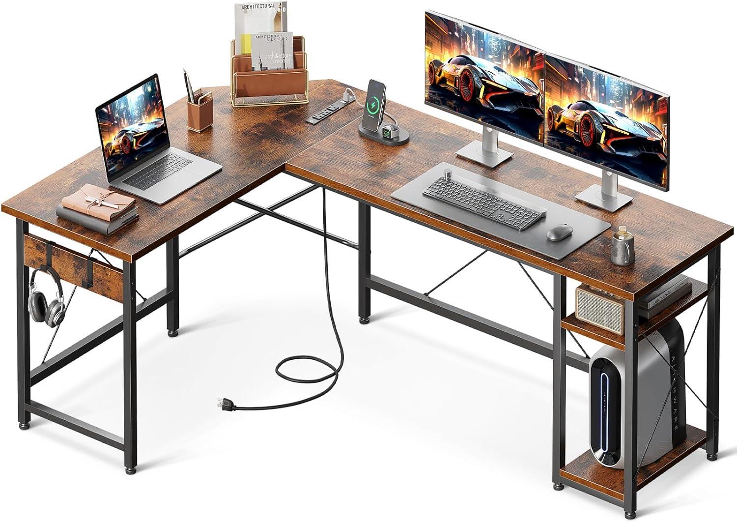 Vintage L-Shaped Wood and Metal Gaming Desk with Power Outlet